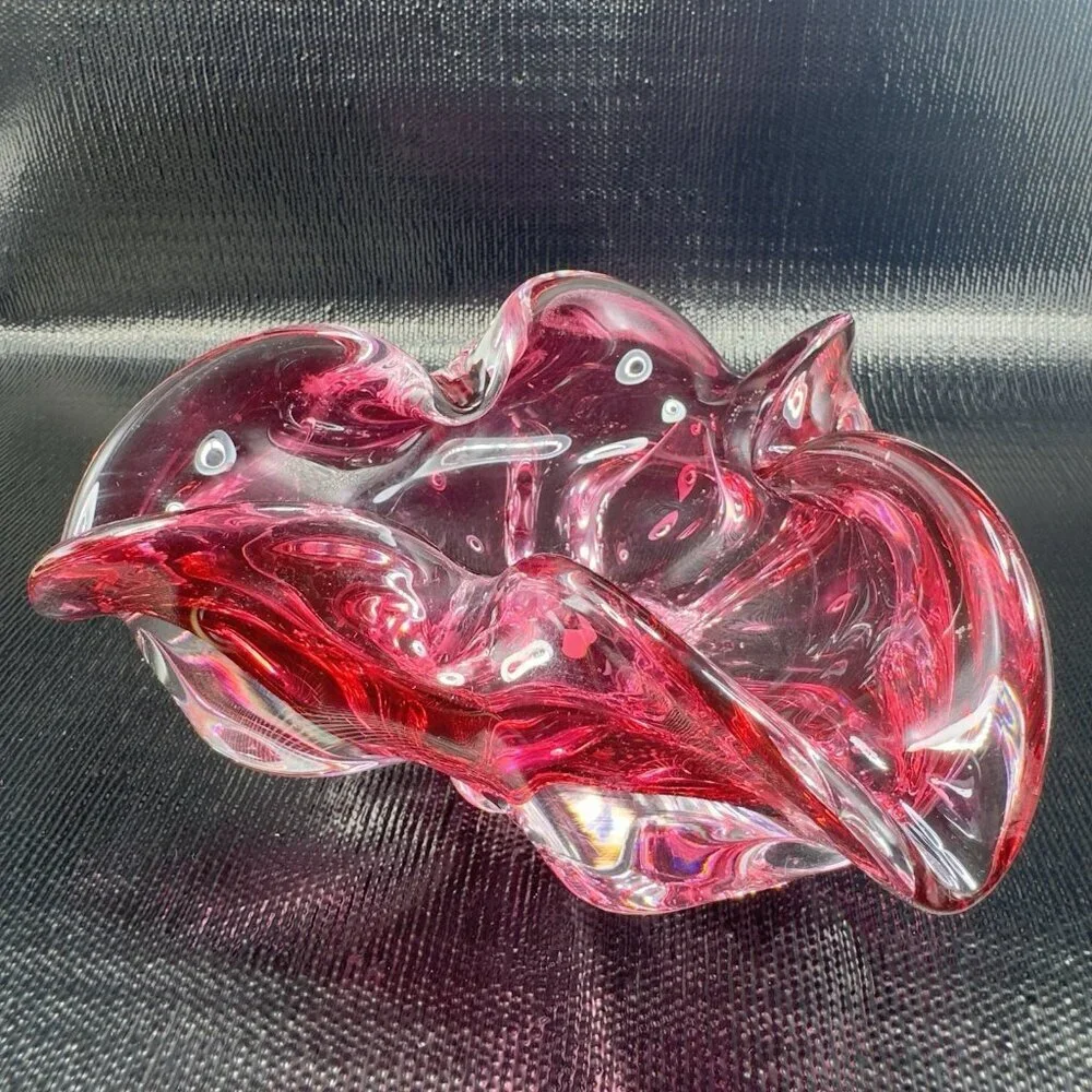 Hand Blown Bohemian Cranberry Art‎ Glass Dish Bowl Folded Edges Original Sticker